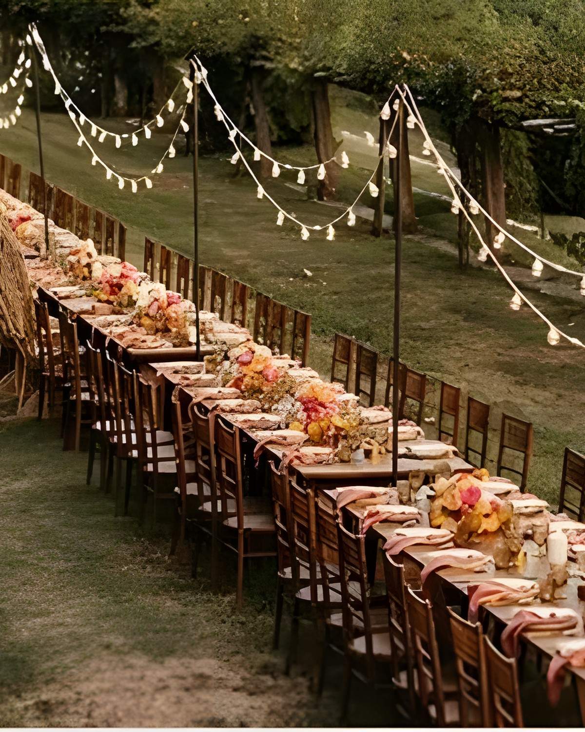 A long table laid out in the vineyard, under strings of lights.