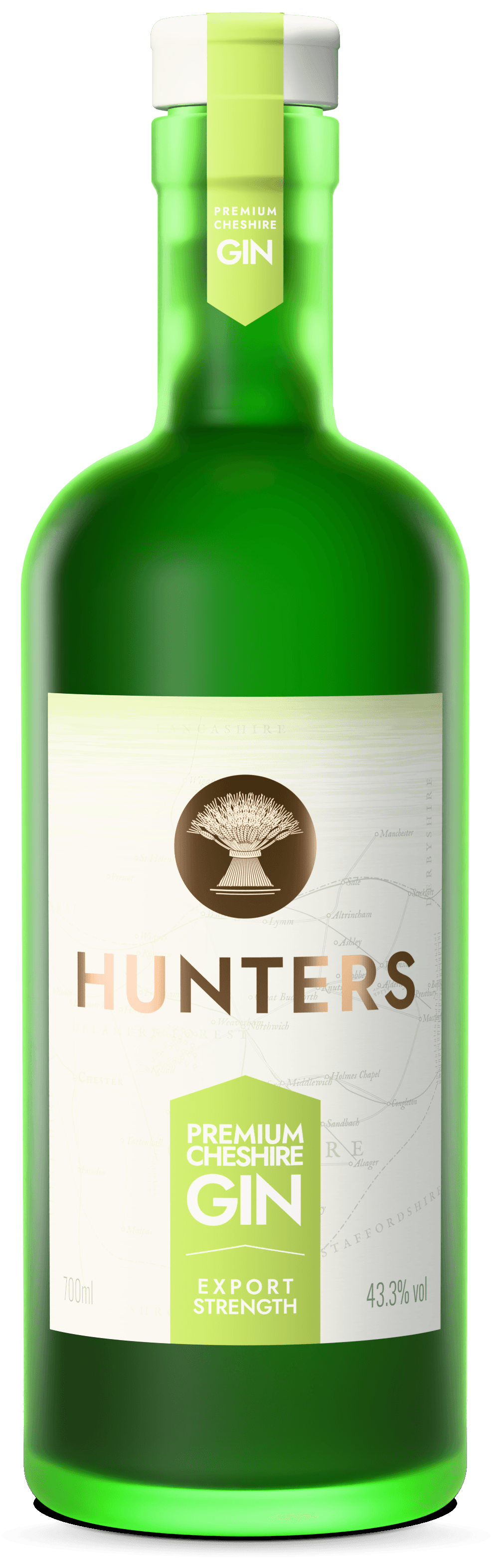 La bouteille de Hunters Premium Cheshire Gin, Export Strength : verre vert dépoli, étiquette à la carte du Cheshire, gerbe de blé et nom Hunters en dorure cuivrée.