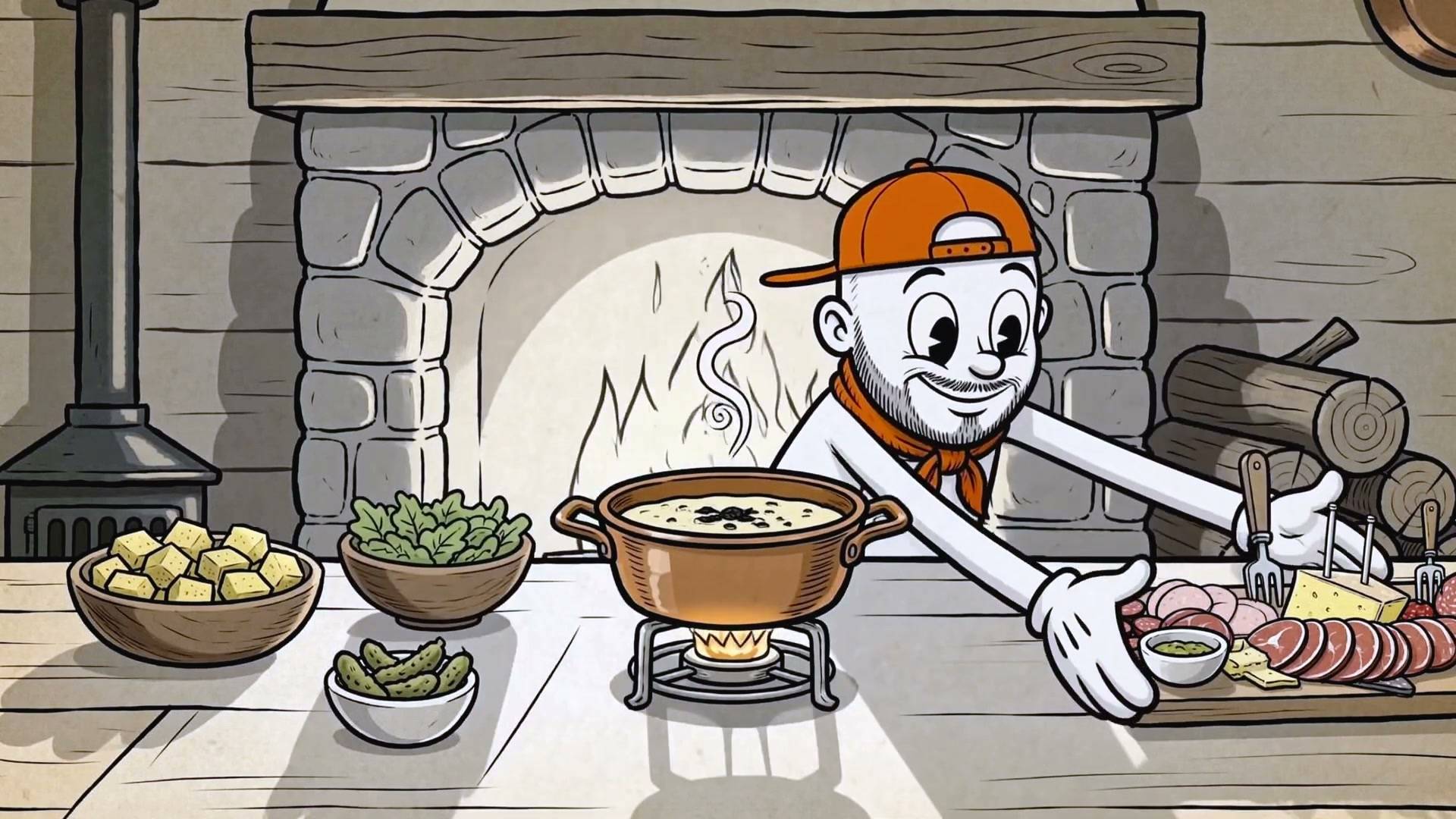 Cartoon: the FD&M chef makes fondue in front of a chalet fireplace.