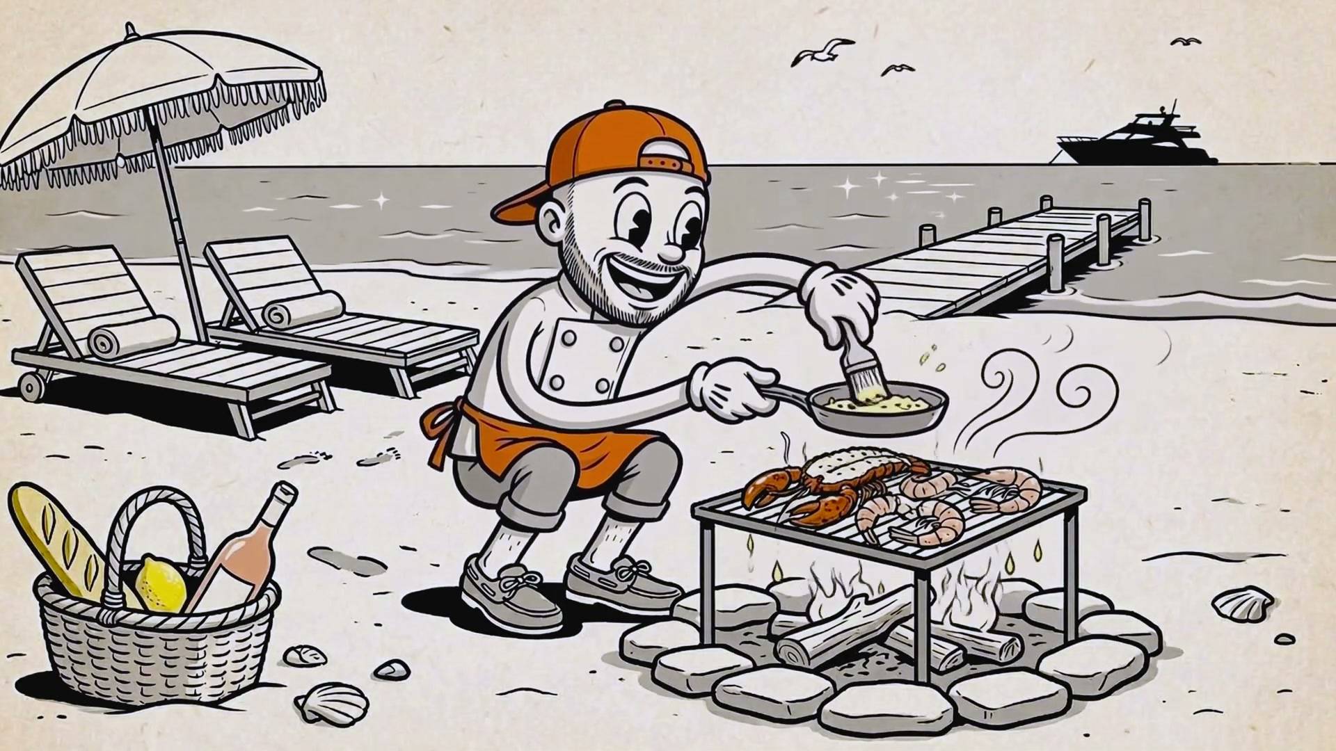 Cartoon: the FD&M chef grills lobster and prawns on the beach, a yacht offshore.