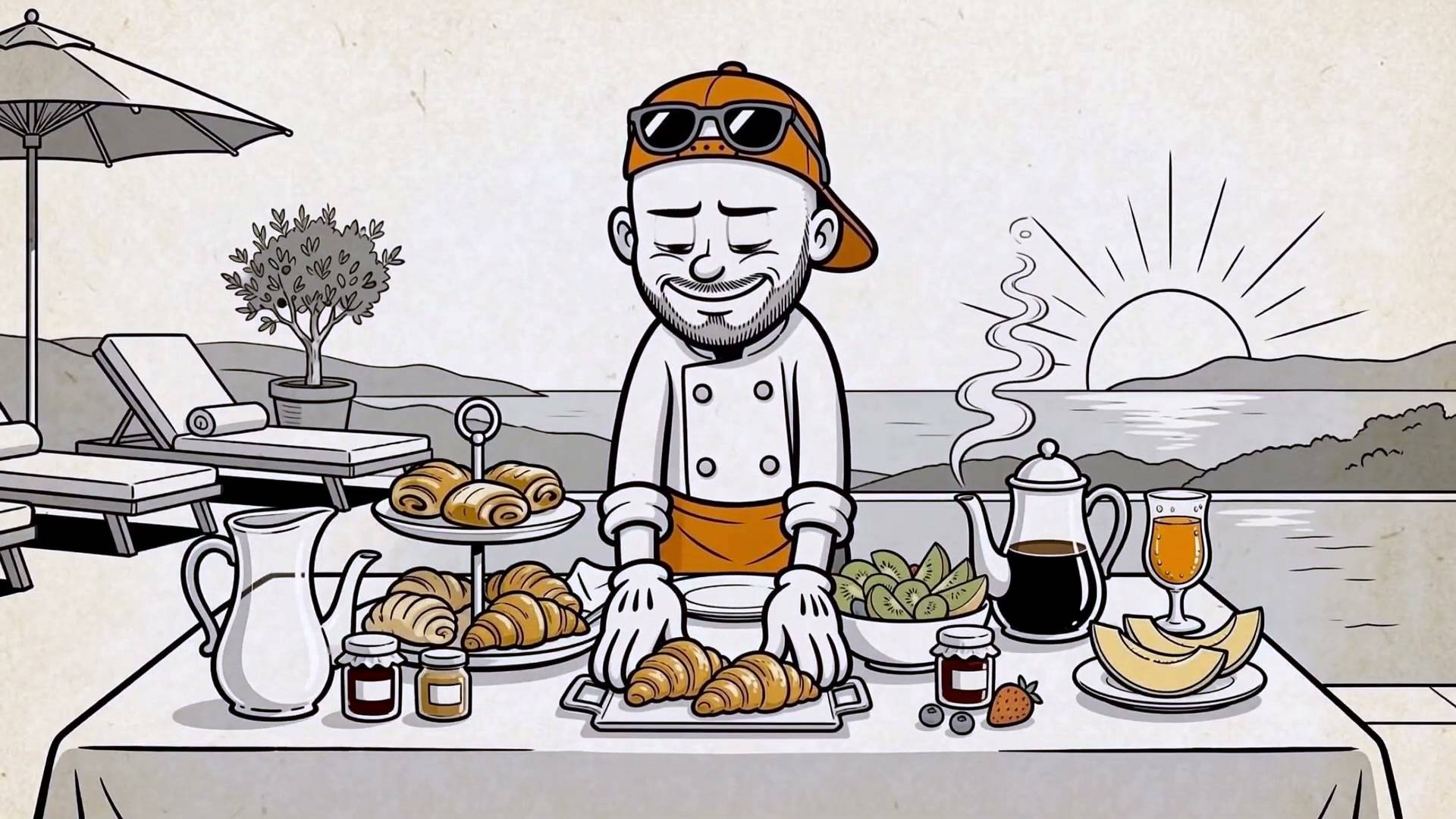 Cartoon: the FD&M chef, in his orange cap, lays out breakfast by a pool facing the sea.