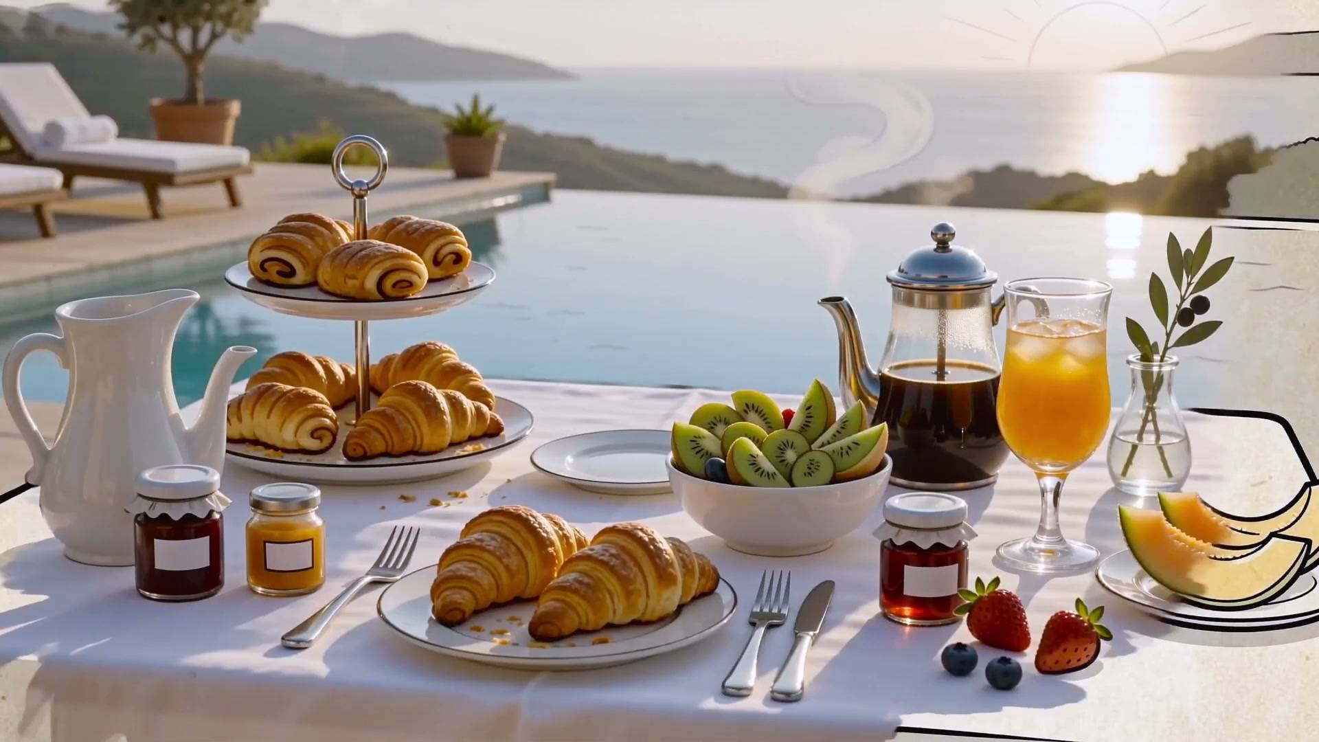 Breakfast laid out by a pool, facing the sea.
